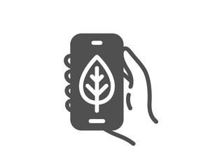 Ecology app icon. Hand hold phone sign. Cellphone with screen notification symbol. Quality design element. Flat style ecology app icon. Editable stroke. Vector
