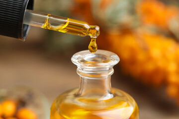 Natural sea buckthorn oil dripping from pipette into bottle on blurred background, closeup