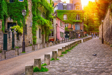 Cozy street in quarter Montmartre in Paris, France