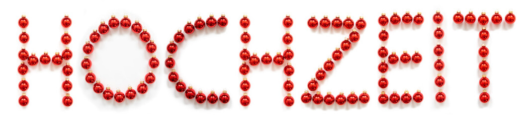 Red Christmas Ball Ornament Building German Word Hochzeit Means Wedding. Festive Christmas Decoration. White Isolated Background