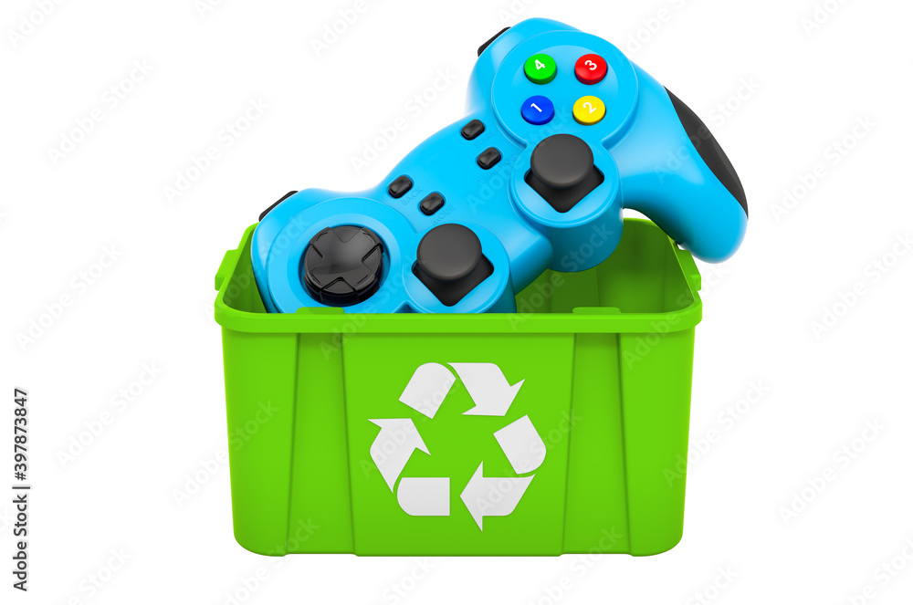 Poster recycling trashcan with gamepad, 3d rendering