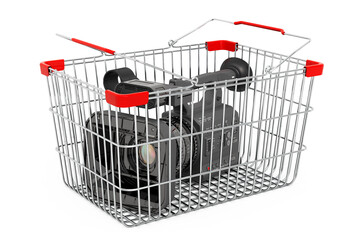 Shopping basket with professional video camera, 3D rendering