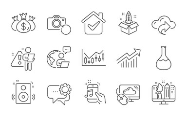 Demand curve, Recovery photo and Chemistry lab line icons set. Check investment, Cloud computing and Music phone signs. Startup, Speakers and Financial diagram symbols. Line icons set. Vector