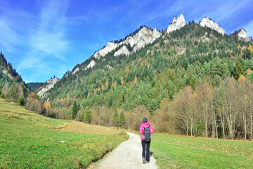 Fototapeta na wymiar Backpacker woman hiking on the country road. Beautiful nature around them. Outdoor activity and walking in the Pieniny mountains.