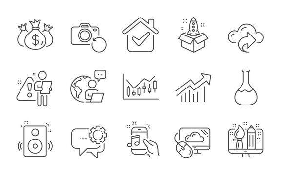 Demand curve, Recovery photo and Chemistry lab line icons set. Check investment, Cloud computing and Music phone signs. Startup, Speakers and Financial diagram symbols. Line icons set. Vector