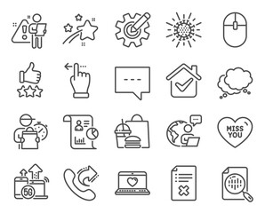 Line icons set. Included icon as Miss you, Rating stars, Reject file signs. Share call, Blog, 5g internet symbols. Analytics chart, Report, Touchscreen gesture. Cogwheel, Coronavirus. Vector