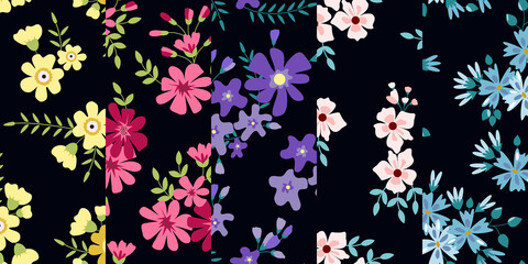 Fototapeta na wymiar Pattern set with colorful flowers, Dark background pattern set, Pattern set, Spring flower pattern, black background with flowers