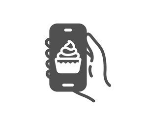 Food app icon. Hand hold phone sign. Cellphone with screen notification symbol. Quality design element. Flat style food app icon. Editable stroke. Vector