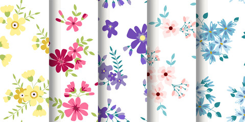 Pattern set with colorful flowers, Light background pattern set, Pattern set, Spring flower pattern, White background with flowers