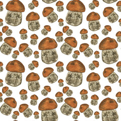 Fototapeta na wymiar Porchini mushroom seamless pattern on white background. Watercolor hand drawing illustration. Food wallpaper or digital paper. Boletus brown mushroom.