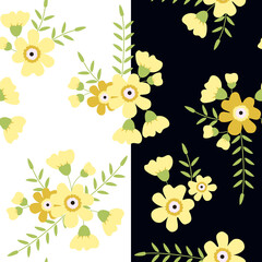 Pattern set with yellow flowers, Light and dark background pattern set, Pattern set, Spring flower pattern, black and white background with flowers