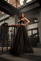 Fototapeta premium Full-length portrait of an elegant brunette woman with long hair in a black long evening dress.