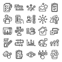 Survey, Report review line icons. Opinion, Customer satisfaction feedback and Test icons. Checklist review, Quiz and Business report symbols. Evaluation quiz, Feedback chart, Management. Vector