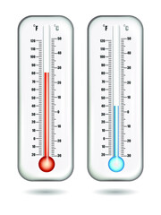 Realistic thermometers. Weather thermometer isolated on white background. Classic outdoor and indoor celsius red and blue thermometers set. Vector illustration
