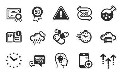 5g technology, Instruction info and Rainy weather icons simple set. Capsule pill, 360 degree and Timer signs. Chemistry lab, Certificate and Cloud server symbols. Flat icons set. Vector
