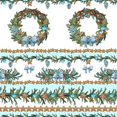 Seamless pattern with christmas and new year decorations, ginger bread, wreath, garlands and stripes. Hand painted watercolor illustration for interior textile, wrapping paper and clothes