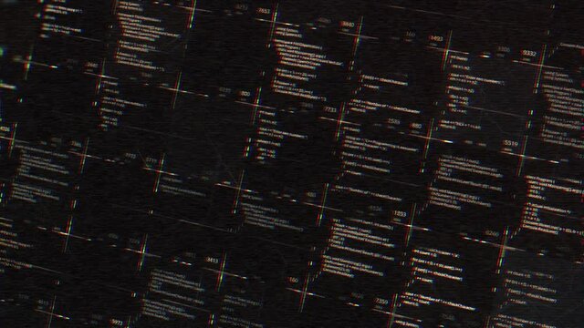 Programming blocks of code with glitch effect on black background, seamless loop. Animation. Technology background with a hacker attack in progress.