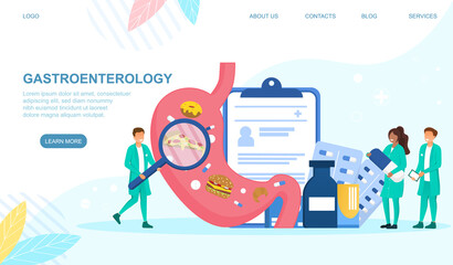 Group of doctors doing gastroenterology. Abstract concept of health care and stomach treatment. Doctors examining internal organ. Website, web page, landing page template. Flat vector illustration