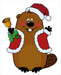 Funny cartoon Christmas beaver in Santa hat with Christmas bell