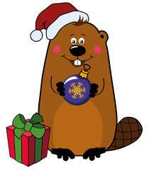 Funny cartoon Christmas beaver in Santa hat with gift box and Christmas ornament