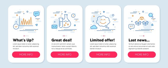 Set of Business icons, such as Chemistry flask, Line graph, Smile chat symbols. Mobile app mockup banners. Parcel shipping line icons. Laboratory, Market diagram, Happy face. Send box. Vector