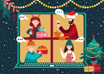 Christmas online party. Virtual meet group to celebrate New Year. People in costumes have video conference from home. Friends spend time together on Holiday video call. Remote New normal life.