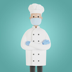 Chef wearing a mask and gloves. 3D illustration in cartoon style.