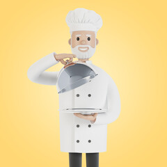 Chef with a silver tray. Presentation of a dish from the chef. 3D illustration in cartoon style.