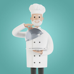 Chef with a silver tray. Presentation of a dish from the chef. 3D illustration in cartoon style.