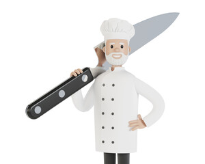 Chef with a large knife. 3D illustration in cartoon style.