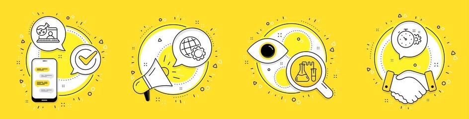Globe, Online chemistry and Chemistry lab line icons set. Cell phone, megaphone and deal vector icons. Cogwheel timer sign. Internet settings, Lab flask, Medical laboratory. Engineering tool. Vector