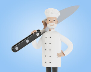 Chef with a large knife. 3D illustration in cartoon style.