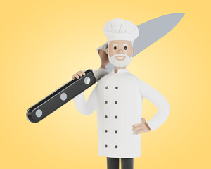 Chef with a large knife. 3D illustration in cartoon style.