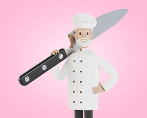 Chef with a large knife. 3D illustration in cartoon style.