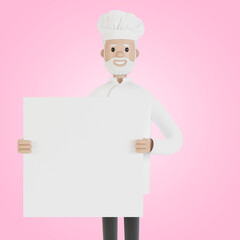 Chef with a banner in his hands. 3D illustration in cartoon style.