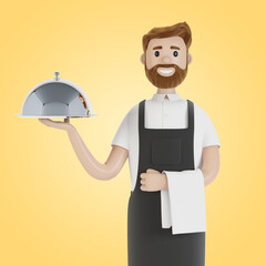 Waiter with a tray. 3D illustration in cartoon style.