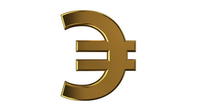 3D animation seamless loop of a golden euro symbol rotates isolated on a white background with alpha channel. 4K resolution.