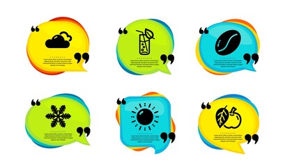 Sun energy, Snowflake and Water glass icons simple set. Speech bubble with quotes. Cloudy weather, Coffee beans and Apple signs. Solar power, Air conditioning, Soda drink. Vector