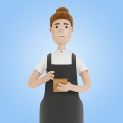 The waiter takes the order with a notebook and pencil. 3D illustration in cartoon style.