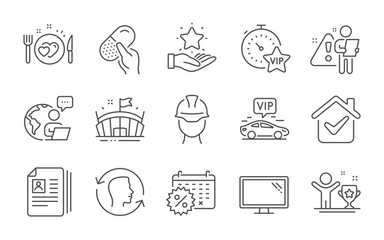Foreman, Cv documents and Vip transfer line icons set. Monitor, Arena and Capsule pill signs. Face id, Loyalty program and Winner cup symbols. Line icons set. Vector