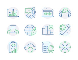 Education icons set. Included icon as Music making, Decreasing graph, Report signs. Environment day, Survey results, Receive file symbols. People chatting, Calculator alarm, Cloud sync. Vector