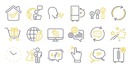 Set of Technology icons, such as Breathing exercise, Update comments, Refrigerator symbols. Environment day, Time, Ab testing signs. Full rotation, Monitor repair, Shopping cart. Cogwheel. Vector