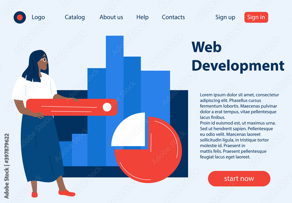 Poster black female character working on web development. woman in glasses assigning design elements protot