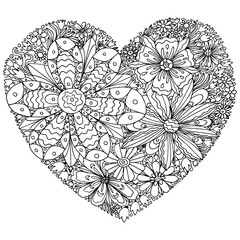 Heart made of flowers, twigs and leaves. Coloring book in the form of a heart with flowers for the holiday. Coloring antistress for adults in linart style.