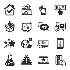 Set of Technology icons, such as Time management, Online shopping, Quote bubble symbols. Seo, Scroll down, Augmented reality signs. Chemistry lab, Buying, Touchscreen gesture. Payment card. Vector