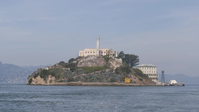 Boat approaching Alcatraz Island near San Francisco, California, USA