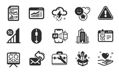 Tool case, Start business and Smile icons simple set. Fireworks rocket, Thunderstorm weather and Web traffic signs. Augmented reality, Hold heart and Scroll down symbols. Flat icons set. Vector