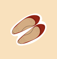 Red outline female ballet shoes on beige background. Concept of doodle clothes and accessories for poster, banner, ads, sticker, clipart. Flat cartoon vector illustration