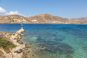 View of the lighthouse. Chora , Ios Island, Greece.