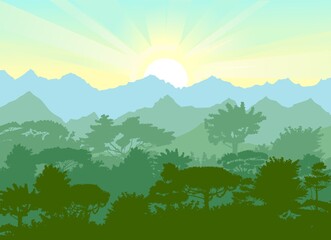 Deciduous forest. Silhouette. Mature, spreading trees. Thick thickets. Hills overgrown with plants. On the horizon there are mountains and ebo with the sunrise. Morning. Vector